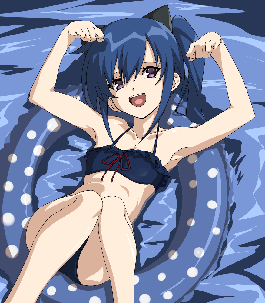 1girl, :d, afloat, animal_ears, armpits, arms_up, assault_lily, bare_arms