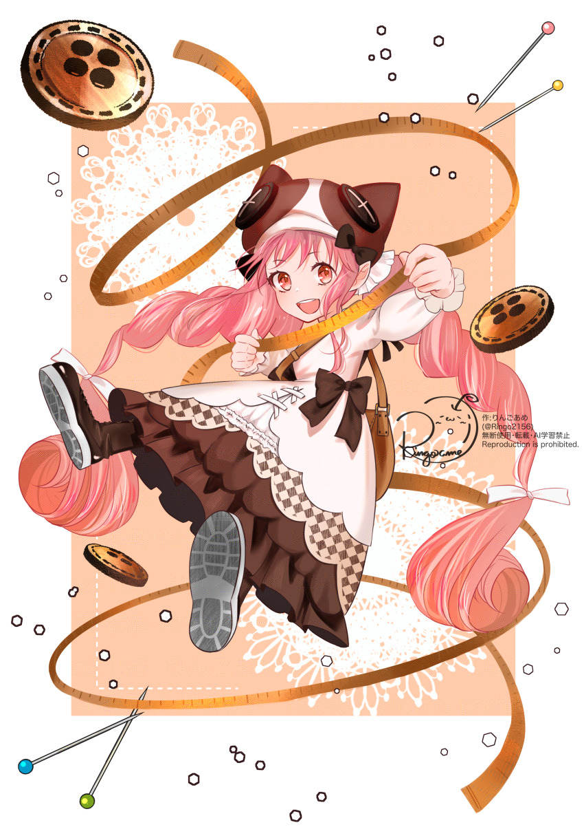 1girl, absurdres, artist_name, bag, black_bow, bow, breasts, brown_background