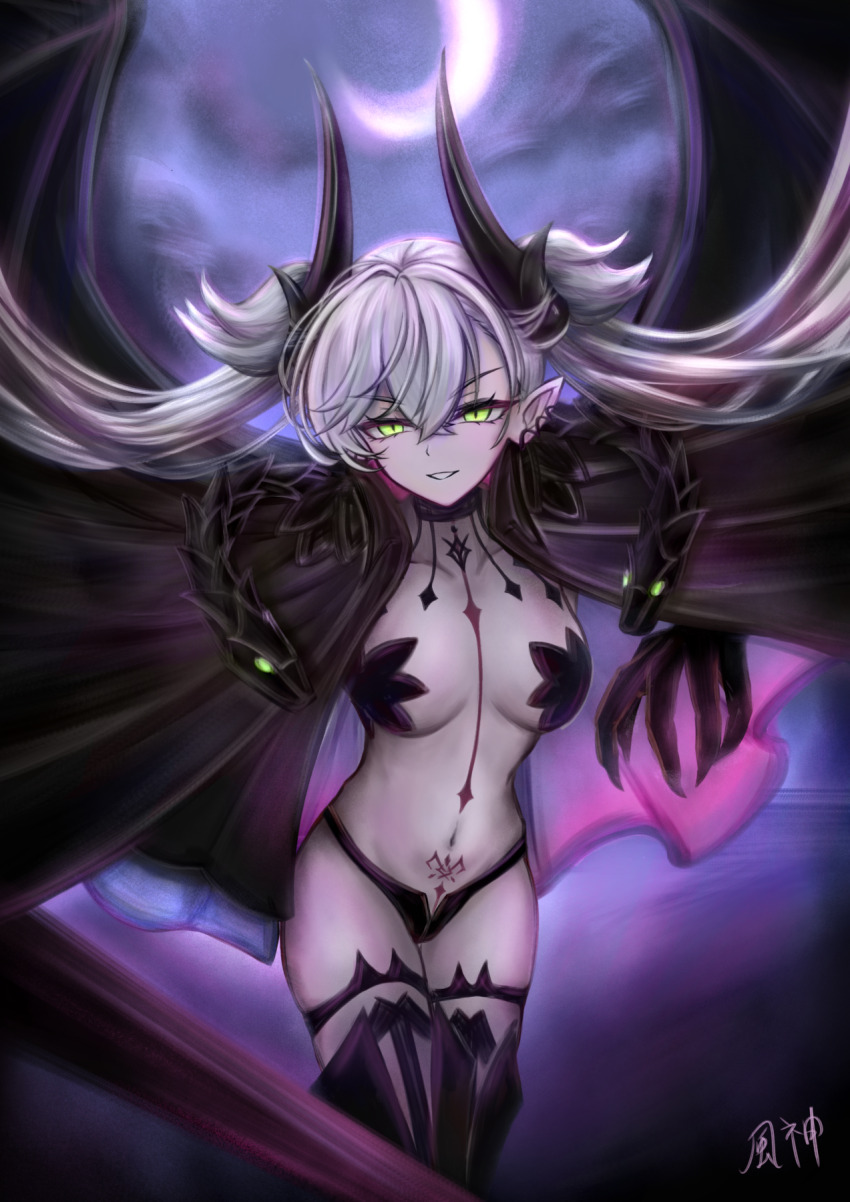 1girl, black_cloak, black_hands, body_markings, breasts, cloak, colored_extremities, demon_girl