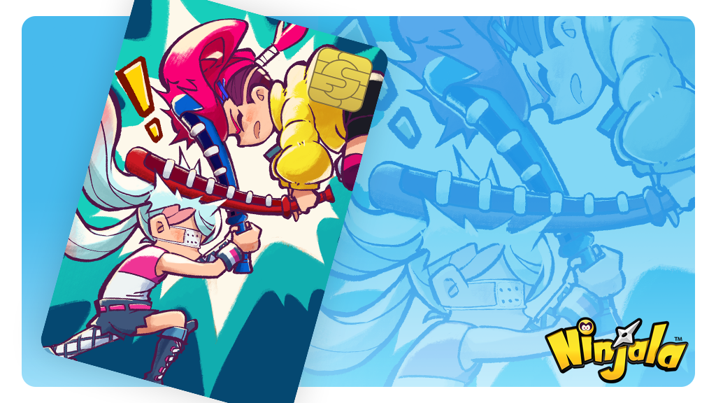 !, ahoge, aqua_background, aqua_hair, attack, belt, berecca, black_shorts, blue_boots, blue_shorts, boots, border, card, character_background, child, collared_jacket, commentary, copyright_name, copyright_notice, denim, denim_shorts, english_commentary, english_text, eyelashes, eyepatch, fighting_stance, flat_chest, gungho, hair_tie, half_updo, hitting, holding, holding_weapon, horizontal-striped_thighhighs, ippon_katana_(ninjala), jacket, knee_boots, lace-up_boots, logo, long_hair, lucy_(ninjala), medical_eyepatch, multicolored_hair, multicolored_thighhighs, ninjala, official_art, open_mouth, padded_jacket, padded_sleeves, pantyhose, pink_belt, pink_hair, pink_shirt, pink_thighhighs, profile, purple_thighhighs, rianti-wong, second-party_source, shirt, shorts, shuriken, single_bare_arm, single_fishnet_armwear, single_fishnet_legwear, single_leg_pantyhose, single_sleeve, skinny, sleeveless, sleeveless_shirt, spiked_hair_ornament, striped_clothes, striped_thighhighs, swept_bangs, thighhighs, torn_clothes, torn_shorts, twintails, two-tone_hair, two-tone_shirt, two-tone_thighhighs, undercut, very_long_hair, weapon, white_border, white_pantyhose, white_shirt, white_sleeves, wrestling_boots, yellow_jacket, yellow_sleeves, zipper_pull_tab