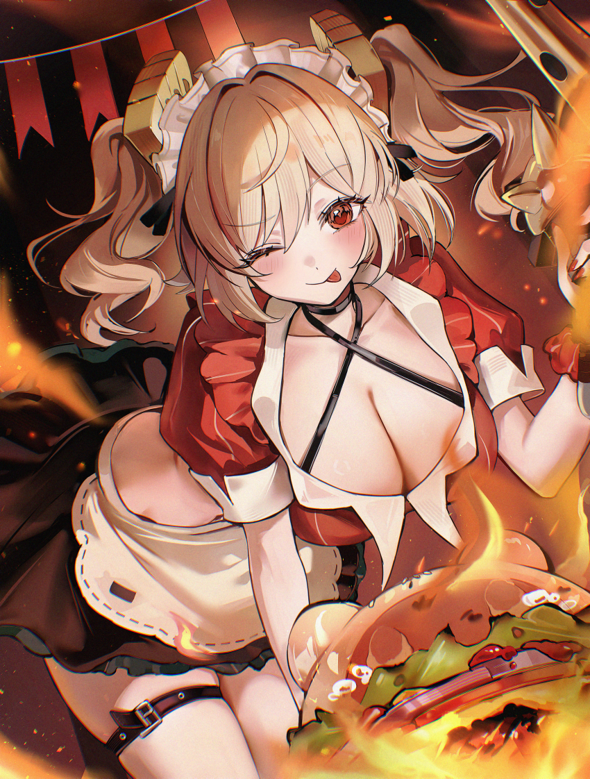 1girl, apron, blonde_hair, breasts, burger, burnice_white, burnice_white_(operation_yum_2025), cleavage