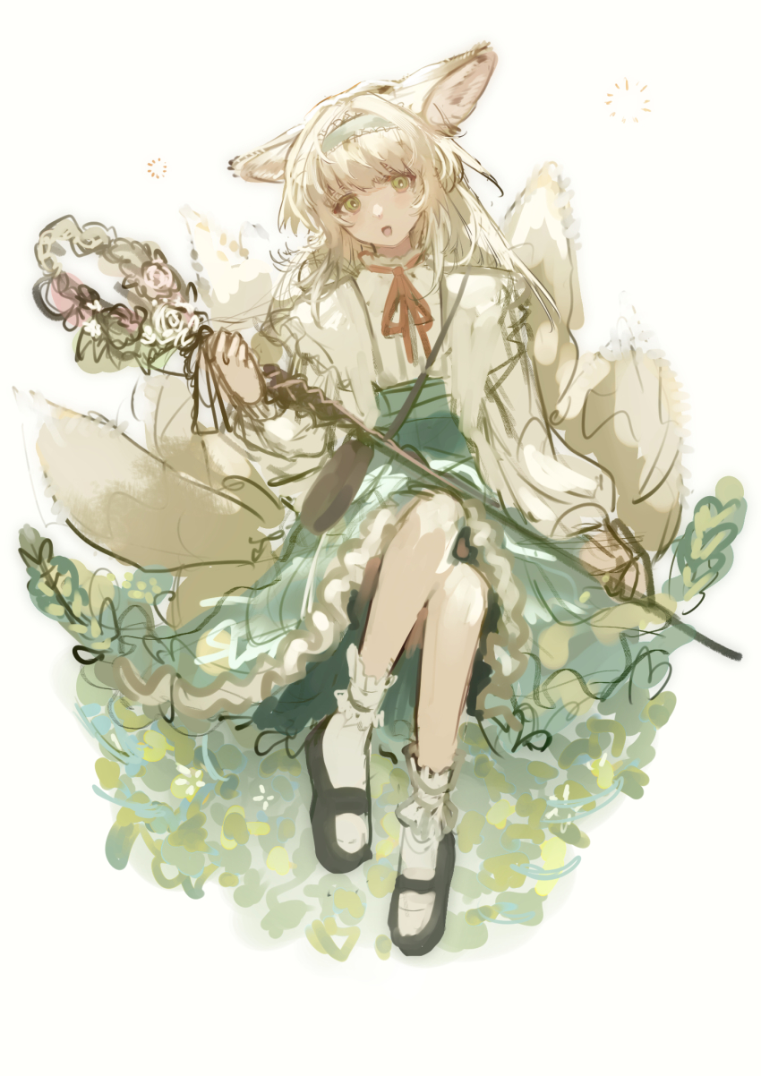 1girl, animal_ears, arknights, black_shoes, bobby_socks, fox_ears, fox_girl, fox_tail