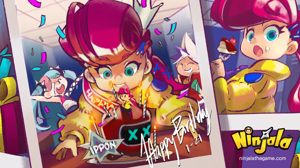 1girl, 3girls, aqua_eyes, berecca, big_hair, birthday, blue_pupils, blue_shorts, box, cake, cake_slice, candle, candlelight, ceiling, closed_eyes, collared_jacket, commentary, confetti, copyright_name, copyright_notice, crown, drone_(ninjala), dual_persona, english_commentary, english_text, eyepatch, fire, food, fork, gift, gift_box, gungho, hair_ornament, hairclip, happy_birthday, holding, holding_candle, holding_fork, holding_party_popper, icing_on_face, impossible_hair, indoors, jacket, locker, locker_room, logo, long_hair, long_sleeves, lucy_(ninjala), medical_eyepatch, mini_person, multicolored_hair, multiple_girls, ninjala, official_art, outline, padded_jacket, padded_sleeves, padded_vest, party, party_popper, photo_(object), pink_shirt, pompadour, print_sash, puffy_long_sleeves, puffy_sleeves, purple_hair, purple_outline, red_sash, red_vest, rianti-wong, sash, second-party_source, shirt, shorts, silver_crown, single_bare_arm, single_fishnet_armwear, single_sleeve, sleeveless, sleeveless_shirt, spiked_hair_ornament, teeth, tile_ceiling, tiles, tilted_headwear, twintails, two-tone_hair, two-tone_shirt, undercut, upper_teeth_only, van_(ninjala), very_long_hair, vest, watermark, web_address, white_hair, white_shirt, x_hair_ornament, x_x, yellow_jacket, yellow_sleeves, zipper_pull_tab