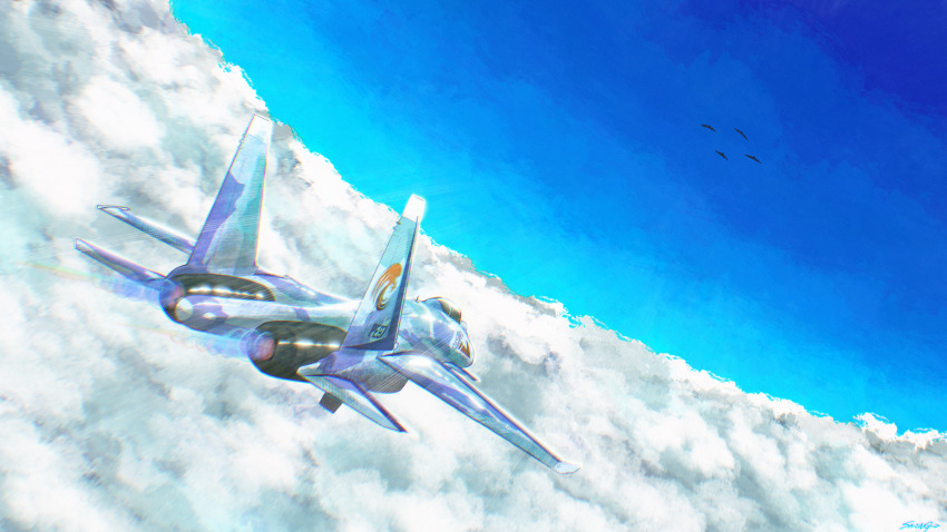 above_clouds, absurdres, ace_combat, ace_combat_2, afterburner, aircraft, airplane, blue_sky