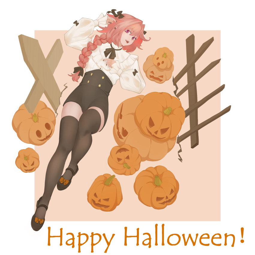 1boy, absurdres, alternate_costume, astolfo_(fate), black_bow, black_nails, bow, braid, eyelashes, fang, fate/apocrypha, fate_(series), fence, frilled_shirt, frills, full_body, hair_bow, hair_intakes, halloween, happy_halloween, high-waist_shorts, highres, jack-o'-lantern, just_we, long_hair, male_focus, mary_janes, multiple_hair_bows, nail_polish, open_mouth, orange_bow, original, pink_hair, pumpkin, purple_eyes, shirt, shoes, shorts, single_braid, solo, thighs, trap, vampire_costume, wooden_fence