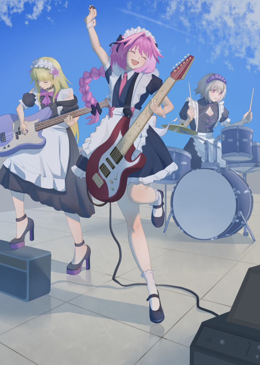 1other, 2boys, alternate_costume, amplifier, androgynous, apron, astolfo_(fate), band_(music)