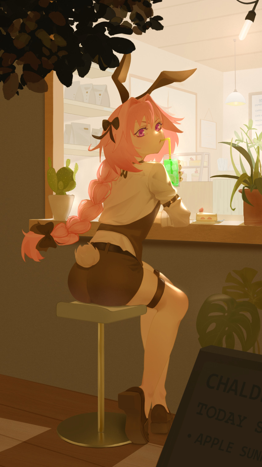 1boy, alternate_costume, animal_ears, ass, astolfo_(fate), black_bow, bow, braid, cactus, cafe, cake, closed_mouth, crossed_legs, drinking, drinking_straw, drinking_straw_in_mouth, eyelashes, facing_away, fate/apocrypha, fate/grand_order, fate_(series), food, hair_bow, hair_intakes, highres, just_we, looking_at_viewer, male_playboy_bunny, menu_board, overhead_lights, pink_eyes, pink_hair, plant, potted_plant, rabbit_ears, rabbit_tail, shorts, single_braid, sitting, strawberry_cake, tail, trap