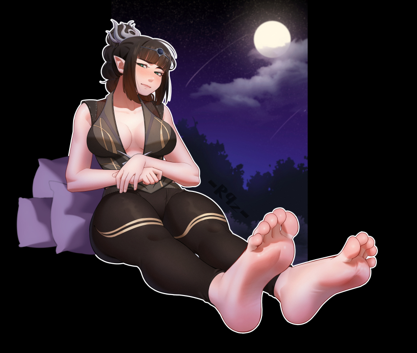 1girl, absurdres, baldur's_gate, barefoot, black_hair, blush, dungeons_&amp;_dragons, feet