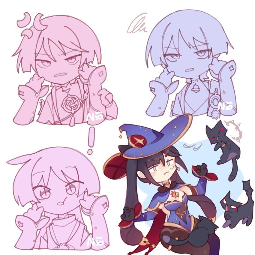 !, 1girl, 3boys, anger_vein, animal, animal_on_lap, animalization, annoyed