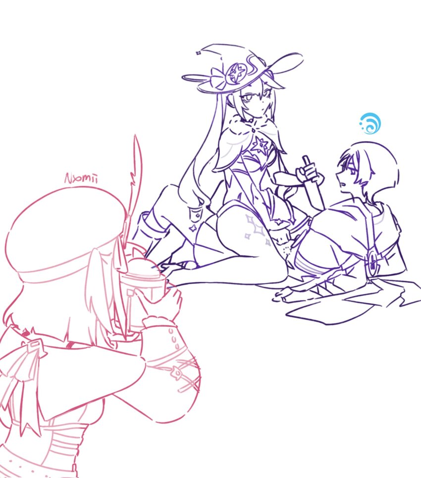 1boy, 2girls, armor, blunt_ends, bow, bridal_gauntlets, camera, cape