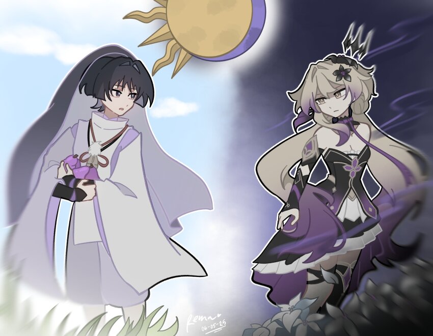 1boy, 1girl, alternate_costume, alternate_hair_length, alternate_hairstyle, arm_at_side, armor, artist_name