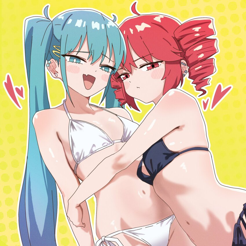 2girls, absurdres, ahoge, alternate_costume, arm_at_side, armpit_crease, bikini, black_bikini