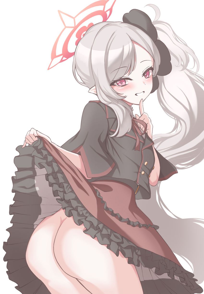 1girl, amerika_neko, ass, ass_focus, black_flower, black_shirt, blue_archive, blush, bright_pupils, buttons, clothes_lift, commentary, cowboy_shot, demon_girl, double-breasted, finger_to_mouth, floating_hair, flower, frilled_skirt, frills, from_behind, grey_hair, grin, hair_flower, hair_ornament, halo, hand_up, high-waist_skirt, highres, index_finger_raised, lifting_own_clothes, loli, long_hair, looking_at_viewer, mutsuki_(blue_archive), neck_ribbon, no_panties, parted_bangs, petticoat, pointy_ears, red_eyes, red_halo, red_ribbon, red_skirt, ribbon, school_uniform, shirt, short_sleeves, shushing, side_ponytail, simple_background, skirt, skirt_lift, slit_pupils, smile, solo, tsurime, very_long_hair, white_background