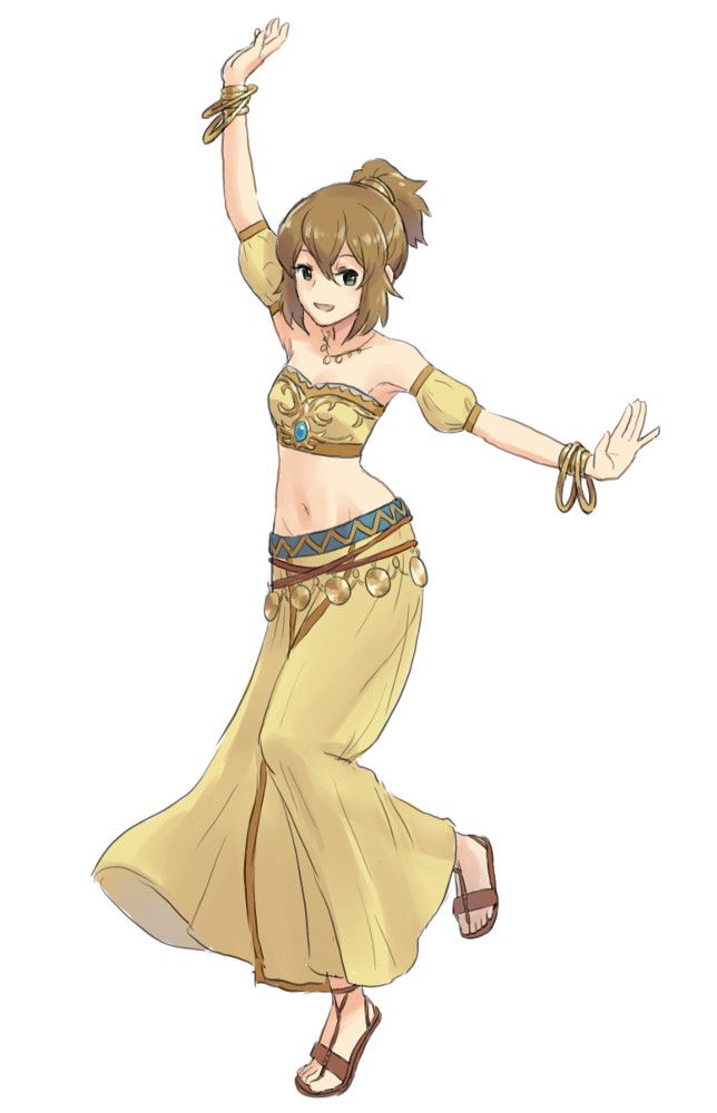 1girl, brown_hair, dancer, green_eyes, navel, octopath_traveler, octopath_traveler_i, tagme