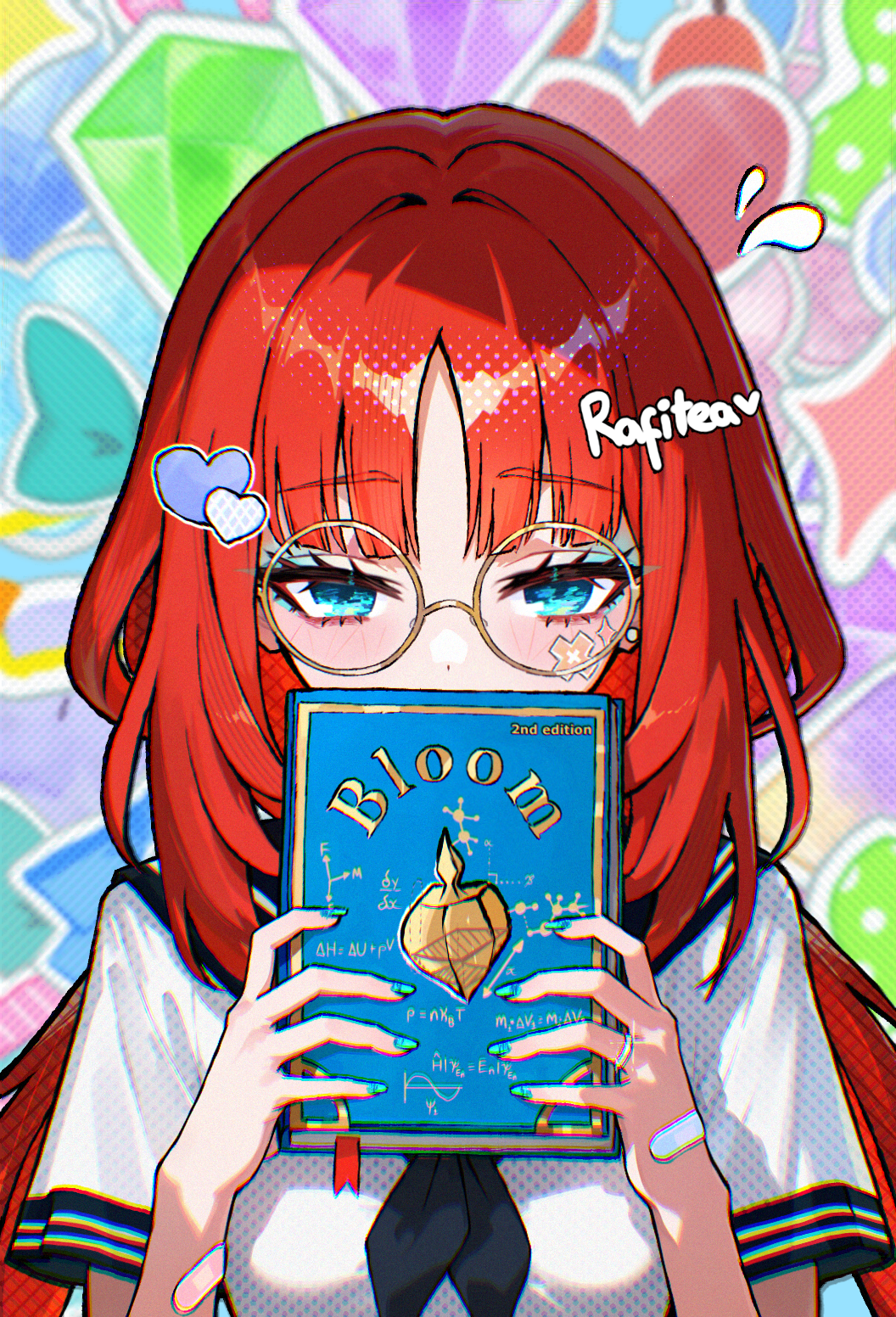 1girl, artist_name, bandaid, blue_eyes, blush, book, covered_mouth, genshin_impact