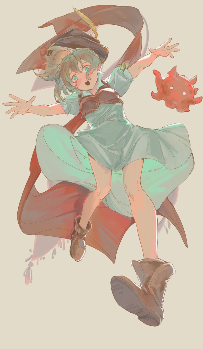 1girl, blush, brown_hair, dress, falling, green_eyes, highres, legs