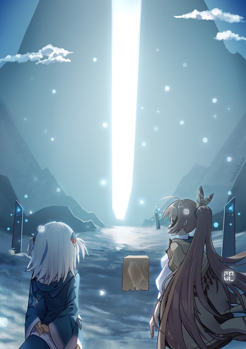 2girls, ahoge, arms_behind_back, blue_hoodie, brown_capelet, brown_cloak, brown_corset, brown_eyes