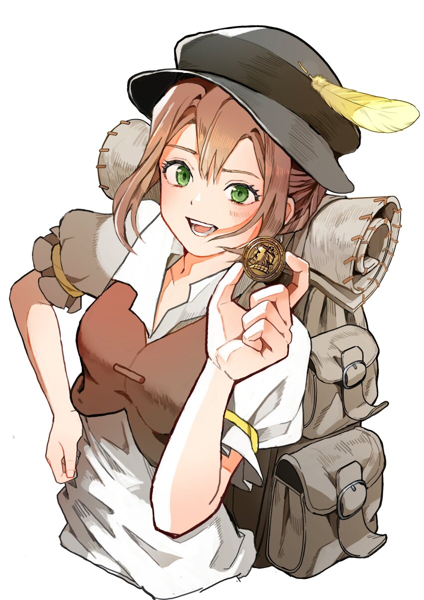 1girl, absurdres, backpack, bag, blush, breasts, brown_hair, brown_vest, coin, dress, gold_coin, green_eyes, grey_bag, hat_feather, highres, medium_breasts, octopath_traveler, octopath_traveler_i, open_mouth, rico_ot, short_hair, smile, solo, tressa_(octopath_traveler), tressa_colzione, vest, white_dress