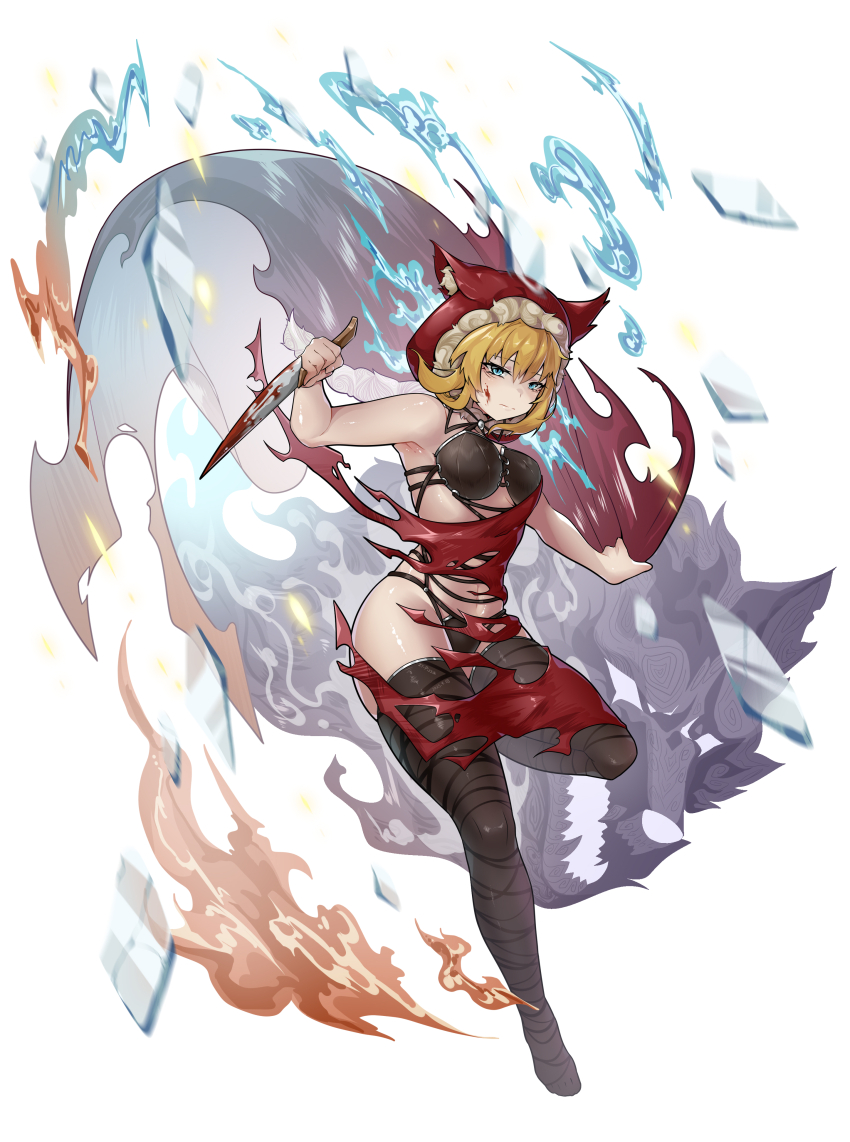 1girl, absurdres, animal_hood, black_bra, black_panties, black_souls, black_thighhighs, blonde_hair, blood, bloody_knife, blue_eyes, bra, cape, closed_mouth, fur-trimmed_hood, fur_trim, highres, holding, holding_knife, hood, hood_up, knife, panties, red_cape, red_hood_(black_souls), short_hair, solo, thighhighs, torn_clothes, underwear, underwear_only, wide_shot, zhuang_yu_pizza
