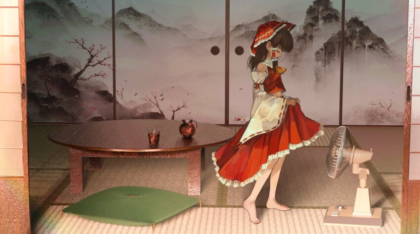 1girl, absurdres, ascot, barefoot, bow, brown_hair, chabudai, closed_eyes