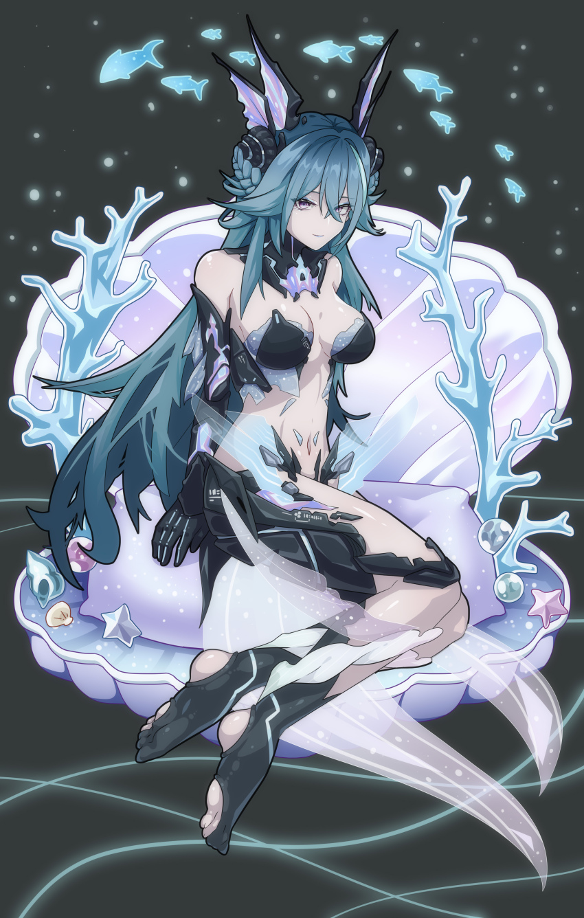 1girl, absurdres, bare_shoulders, black_bra, blue_hair, bra, breasts, clam