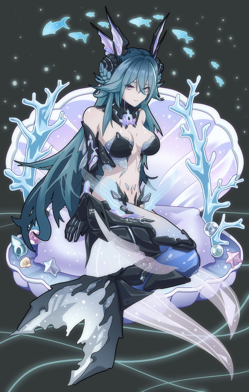 1girl, absurdres, bare_shoulders, black_bra, blue_hair, bra, breasts, clam, closed_mouth, fins, full_body, grey_eyes, hair_between_eyes, hair_ornament, head_fins, highres, lamia_(pgr), long_hair, looking_at_viewer, mechanical_arms, mechanical_tail, mermaid, monster_girl, navel, punishing:_gray_raven, shell, shell_hair_ornament, sitting, smile, solo, tail, underwear, zhuang_yu_pizza