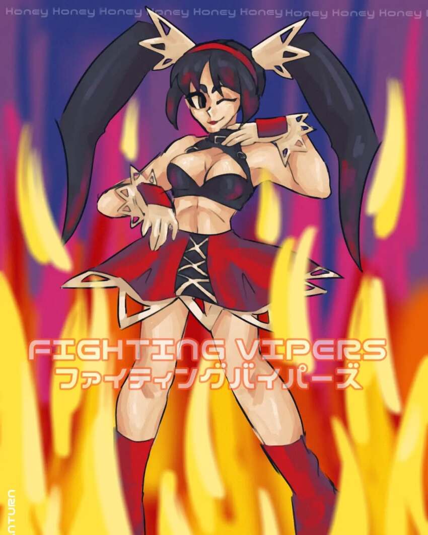 1girl, black_hair, english_text, fighting_vipers, hairband, highres, honey_(fighting_vipers), japanese_text