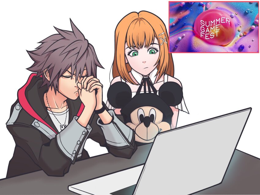 1boy, 1girl, black_coat_(kingdom_hearts), black_jacket, brown_hair, character_doll, closed_eyes, closed_mouth