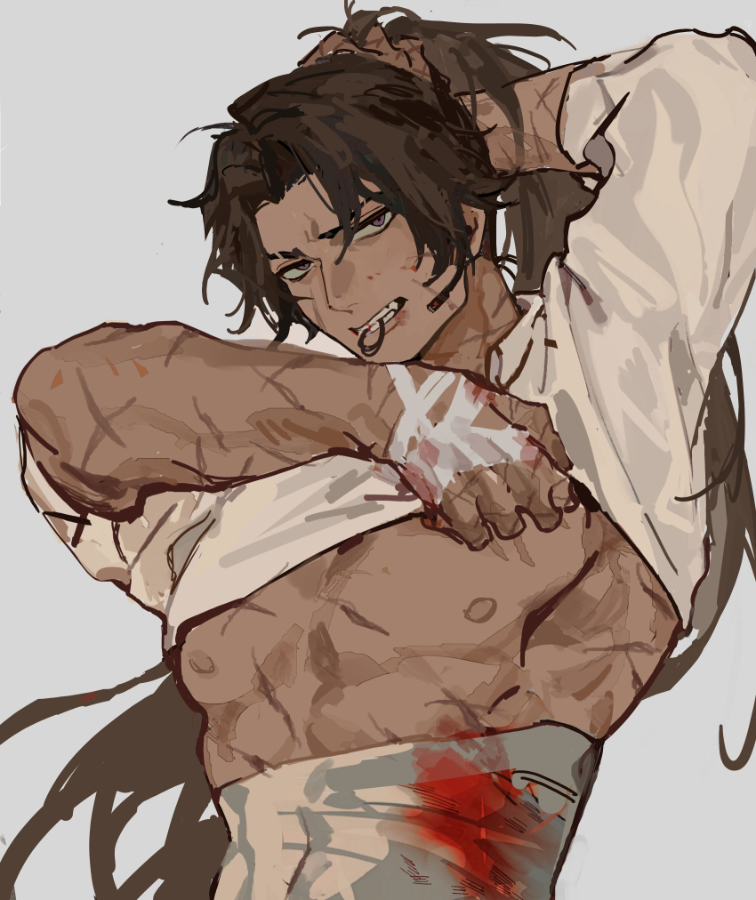 1boy, absurdres, baihuahua5441, bandaged_hand, bandaged_torso, bandages, bare_pectorals, blood