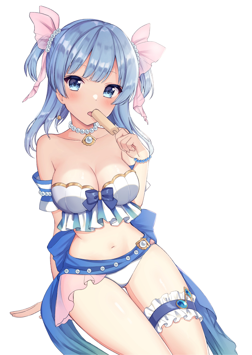 1girl, absurdres, back_bow, bare_shoulders, bead_bracelet, bead_choker, beads, bikini, blue_bow, blue_bowtie, blue_eyes, blue_gem, blue_hair, blue_sleeves, blunt_bangs, bow, bowtie, bracelet, breasts, cleavage, collarbone, commentary_request, cowboy_shot, detached_sleeves, dot_nose, eating, expressionless, eyelashes, food, frilled_bikini, frilled_thigh_strap, frills, gem, hair_beads, hair_bow, hair_ornament, hand_on_ground, highres, holding, holding_food, holding_popsicle, invisible_chair, jewelry, large_bow, large_breasts, light_blush, long_hair, looking_at_viewer, magia_record:_mahou_shoujo_madoka_magica_gaiden, mahou_shoujo_madoka_magica, minami_rena, minami_rena_(swimsuit_ver.), mochiko_(uyu_omochi), musical_note, navel, official_alternate_costume, open_mouth, pink_bow, popsicle, shell, shell_choker, short_sleeves, simple_background, sitting, solo, stomach, strapless, strapless_bikini, swimsuit, thigh_strap, thighs, two-tone_sleeves, two_side_up, white_background, white_bikini, white_sleeves