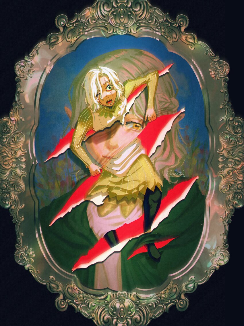 1boy, absurdres, black_background, black_eyes, braid, breasts, cloak, commentary, dungeon_meshi, elf, english_commentary, gorget, green_cloak, highres, juuxzi, looking_at_viewer, male_focus, medium_breasts, mithrun, mithrun_(young), notched_ear, one_eye_closed, open_mouth, painting_(object), pointy_ears, simple_background, solo, teeth, torn_painting, tunic, wavy_hair, white_hair, wide-eyed, yellow_eyes