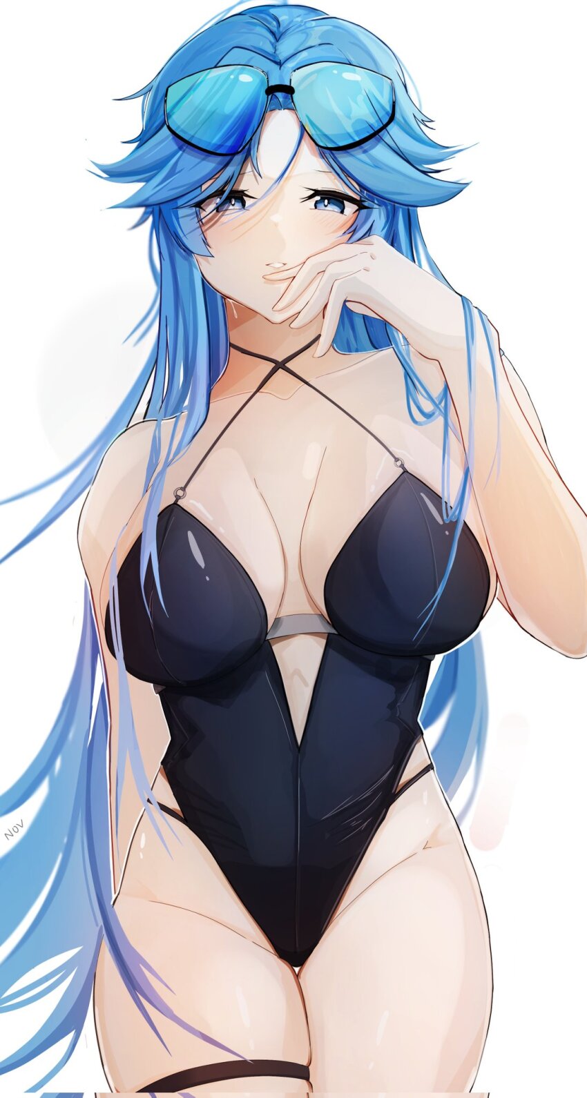 1girl, azur_lane, black_one-piece_swimsuit, blue_eyes, blue_hair, breasts, criss-cross_halter, eyewear_on_head