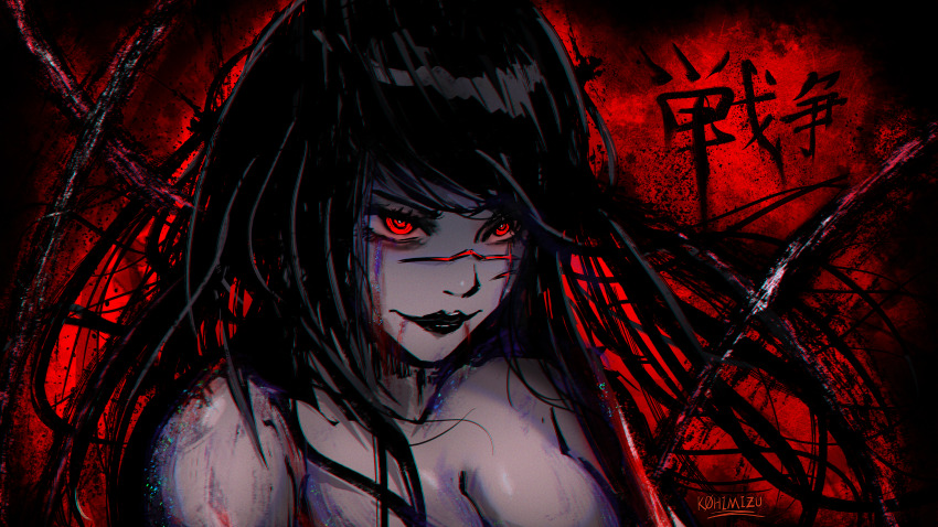 1girl, absurdres, artist_name, black_hair, black_lips, breasts, chainsaw_man, closed_mouth, commentary, english_commentary, glowing, glowing_eyes, highres, k0himizu, large_breasts, long_hair, looking_ahead, red_background, red_eyes, scar, scar_on_face, smile, solo, twitter_username, upper_body, yoru_(chainsaw_man)