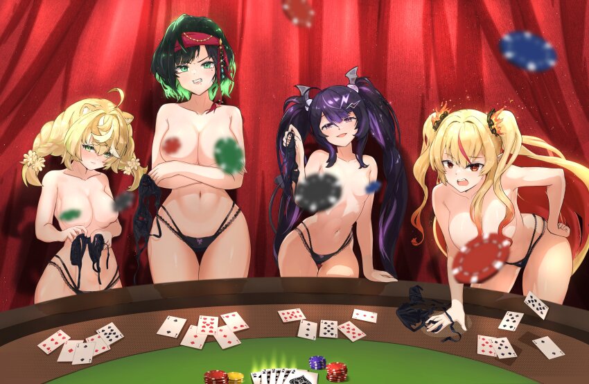 4girls, absurdres, blonde_hair, blush, bra, breasts, card, cersea_soulstorm