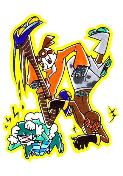 >_<, 1girl, 2boys, :d, bis_(jsr), blue_hair, closed_eyes, donsoku_komagome_pipette