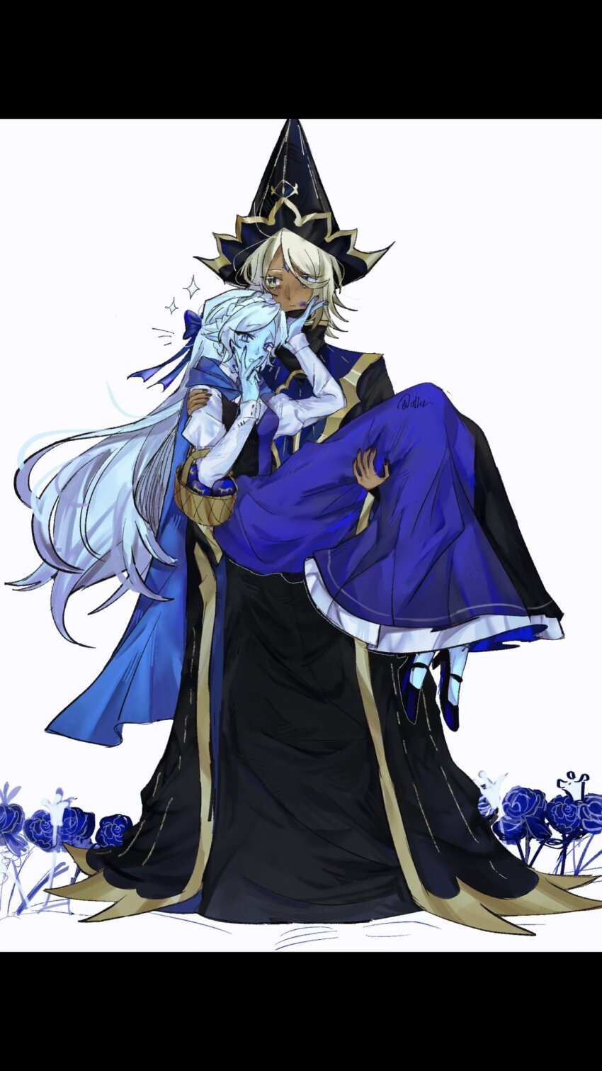 1boy, 1girl, asymmetrical_eyelashes, blonde_hair, blue_dress, blue_eyes, blue_robe, blue_skin