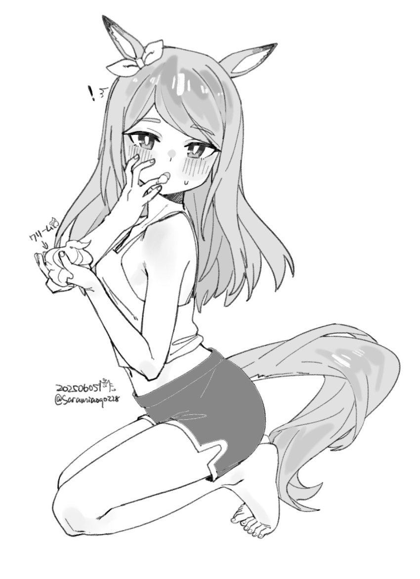 !, 1girl, animal_ears, bare_shoulders, barefoot, blush, bow, camisole, cream, dated, ear_ribbon, eating, fingernails, full_body, greyscale, highres, horse_ears, horse_girl, horse_tail, kneeling, long_hair, mejiro_mcqueen_(umamusume), midriff, monochrome, navel, saramiao-chan, shorts, simple_background, solo, tail, toenails, translated, twitter_username, umamusume, white_background