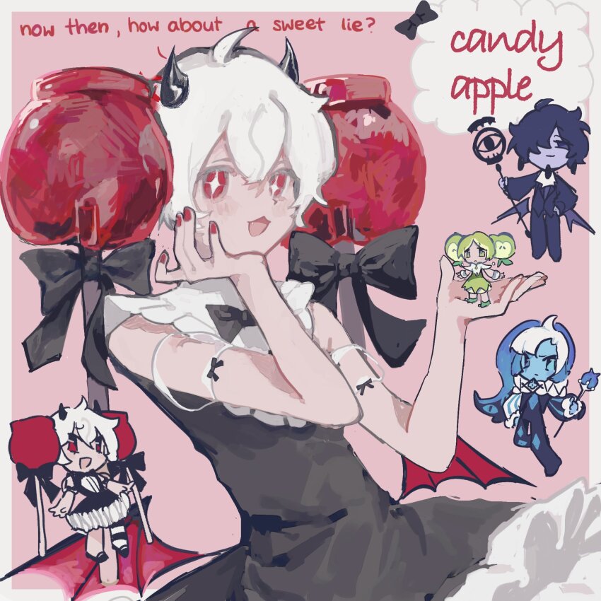 1girl, 2boys, apple_faerie_cookie, black_sapphire_cookie, blue_dress, blue_skin, candy_apple, candy_apple_cookie