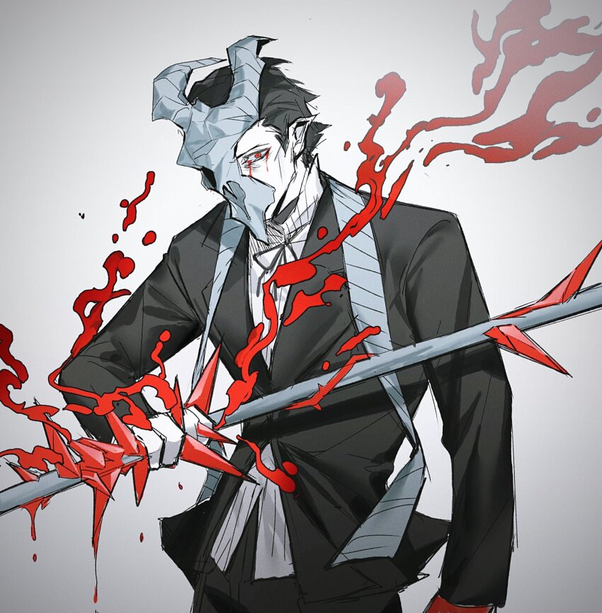 1boy, black_hair, black_suit, blood, blood_on_hands, bloody_tears, crystal, curiambro_(project_moon)