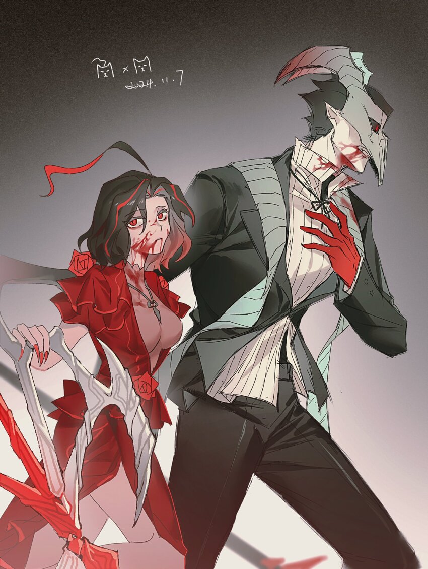 1boy, 1girl, black_hair, black_suit, blood, blood_on_face, blood_on_mouth, breasts