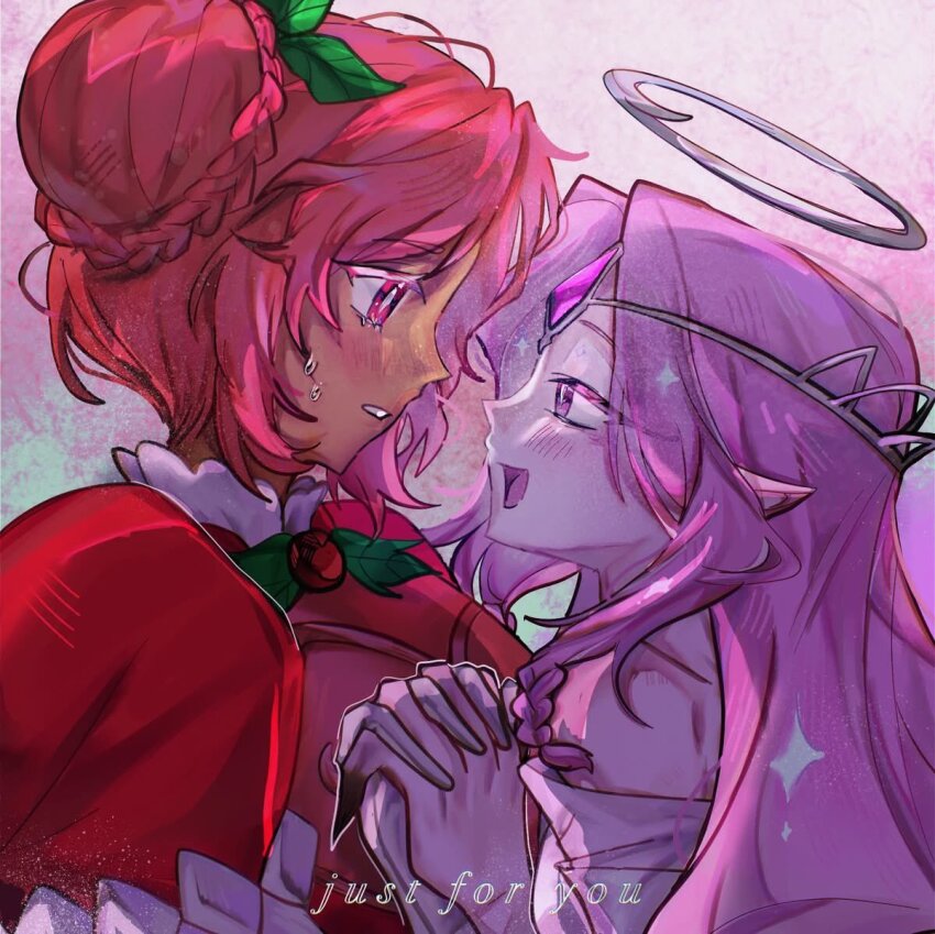 2girls, angel, angel_wings, colored_skin, cookie_run, cookie_run:_kingdom, double_bun, dress, eternal_sugar_cookie, hair_bun, hollyberry_cookie, humanization, komtooi21, long_hair, looking_at_another, multiple_girls, open_mouth, pink_eyes, pink_hair, pink_skin, smile, very_long_hair, white_dress, wings