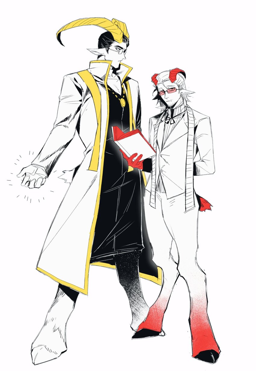 2boys, animal_ears, arm_behind_back, black_hair, book, coat, collared_shirt, colored_extremities, dieci_association_south_uniform, formal_clothes, glasses, gregor_(project_moon), highres, holding, holding_book, hooves, horns, jing84672940, la_manchaland_(identity)_(project_moon), limb_gradient, limbus_company, looking_at_viewer, loose_hair_strand, meursault_(project_moon), multiple_boys, neck_ribbon, partially_colored, project_moon, red-tinted_eyewear, red_hands, ribbon, scarf, sheep_ears, sheep_horns, shirt, stole, striped_clothes, striped_shirt, suit, tinted_eyewear, vertical-striped_clothes, vertical-striped_shirt, white_coat, white_shirt, yellow_scarf, yellow_trim