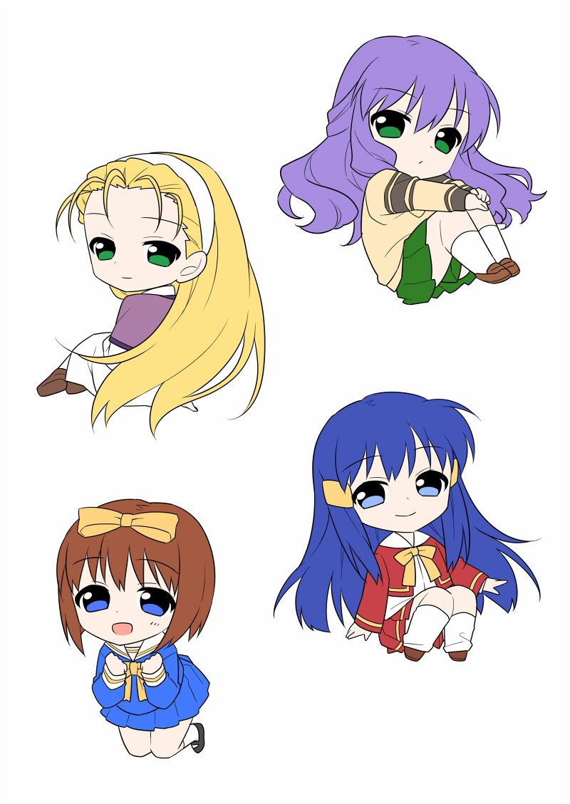 4girls, amasawa_ikumi, blonde_hair, blue_eyes, blue_hair, blue_serafuku, bow, brown_hair