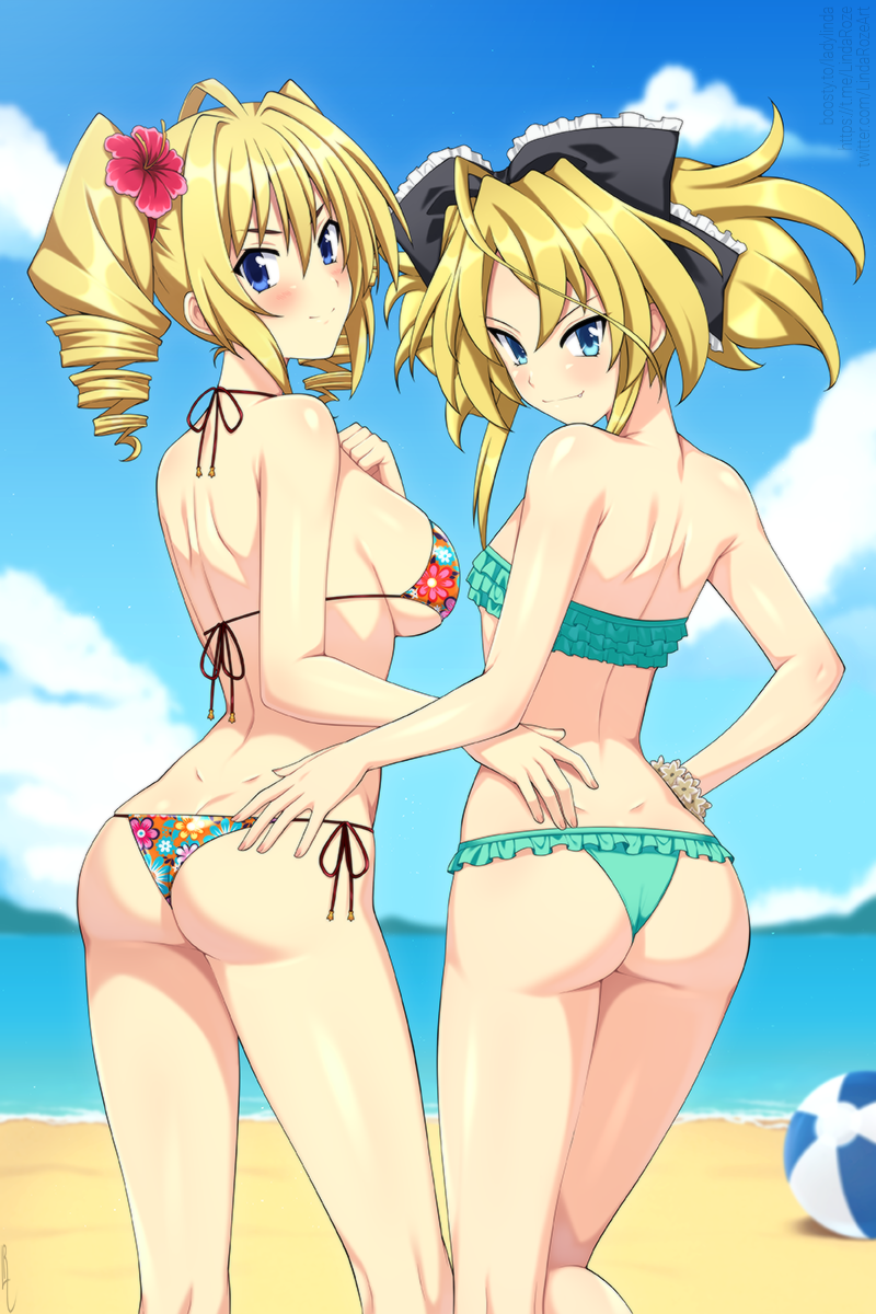 2girls, ass, ball, bare_arms, bare_shoulders, beach, beachball, bikini