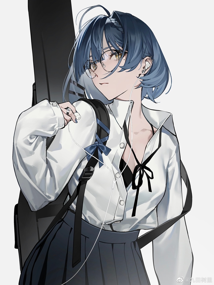 1girl, absurdres, ahoge, bespectacled, black-framed_eyewear, black_bra, black_ribbon, black_skirt