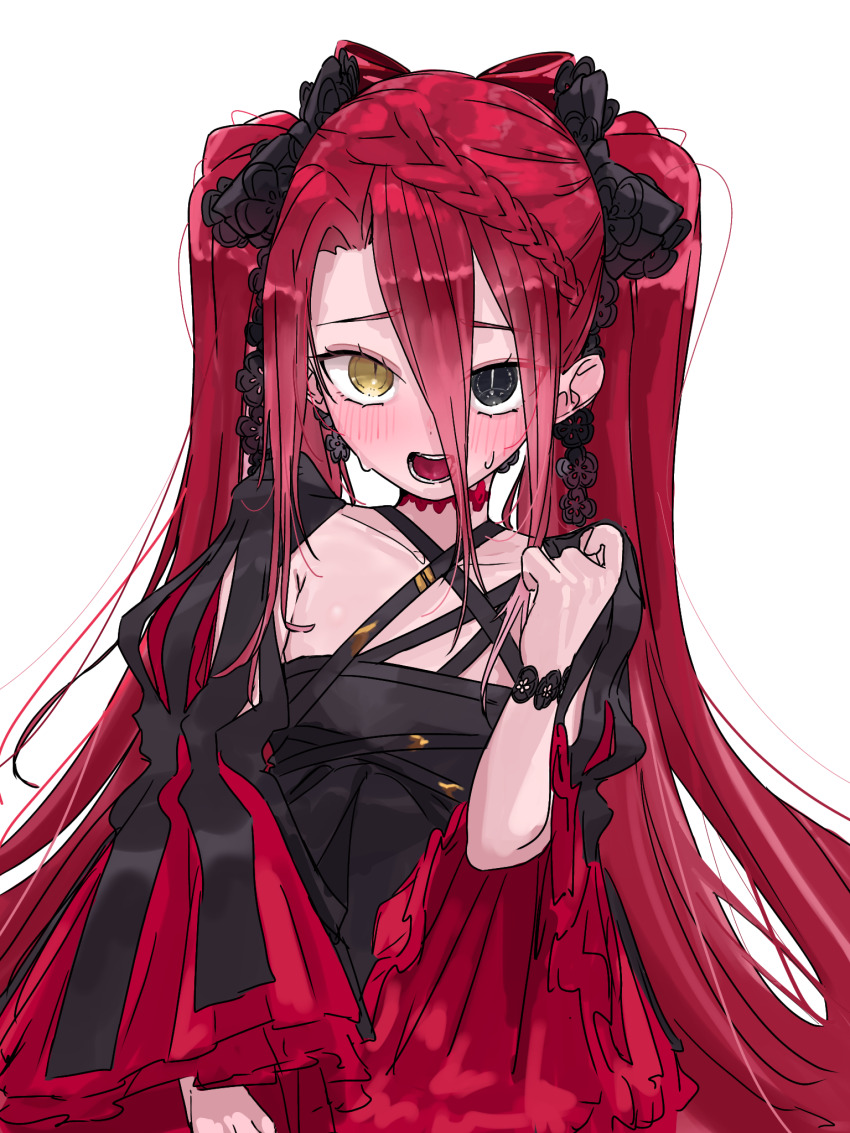 1girl, black_dress, black_eyes, blush, bow, braid, breasts, choker