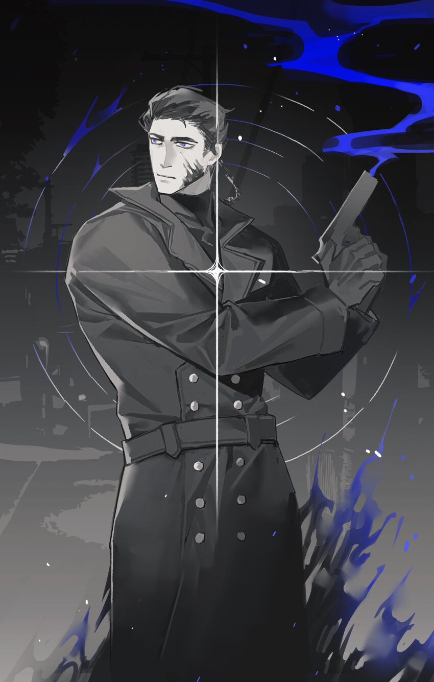 1boy, belt, black_belt, black_coat, black_shirt, blood, blood_on_face, buttons