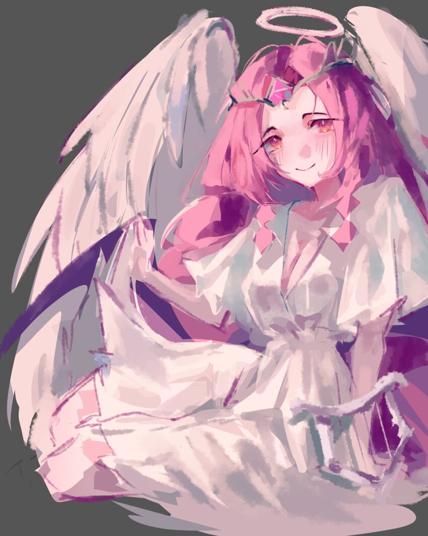 1girl, angel, angel_wings, animification, colored_skin, cookie_run, cookie_run:_kingdom, dress, eternal_sugar_cookie, halo, highres, humanization, long_hair, looking_at_viewer, pink_eyes, pink_hair, pink_skin, solo, teosonul, very_long_hair, white_dress, wings