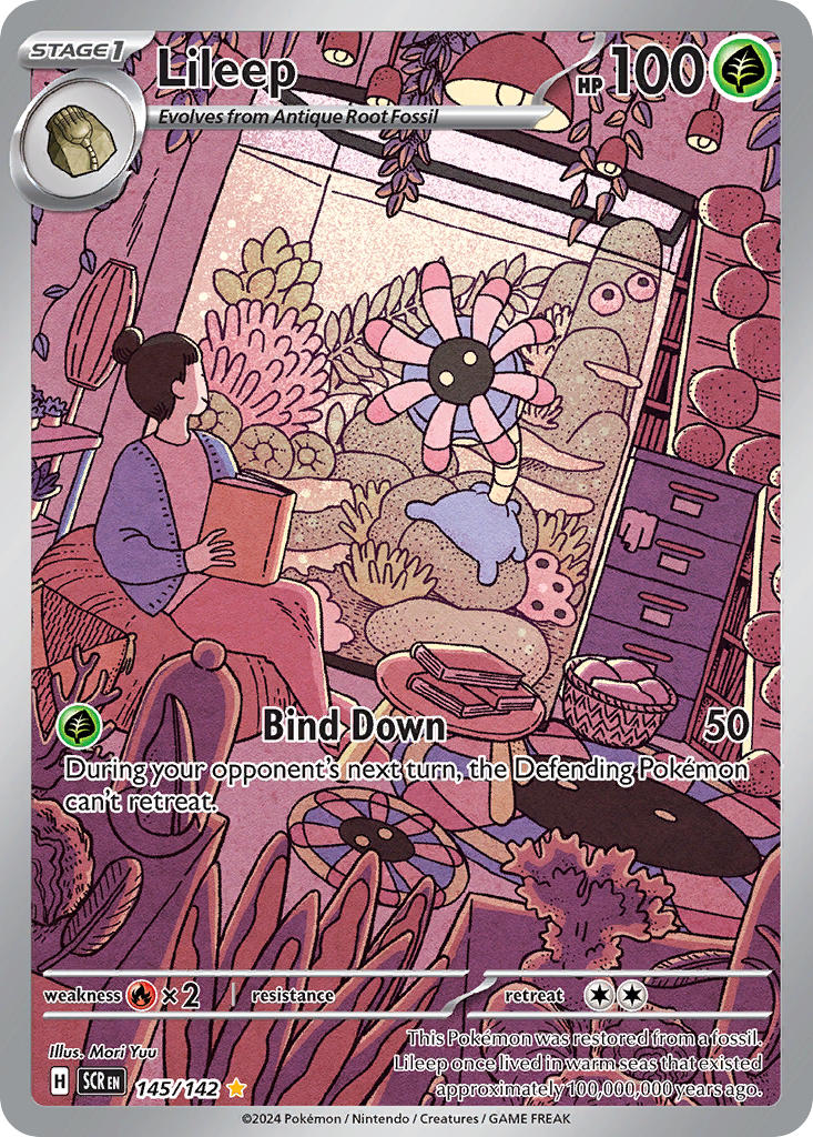 1girl, artist_name, basket, book, brown_hair, card_(medium), ceiling_light, character_name, closed_mouth, company_name, copyright_name, copyright_notice, drawer, english_text, fossil, gen_3_pokemon, hair_bun, holding, holding_book, indoors, jacket, lileep, looking_at_another, mori_yuu, nintendo, official_art, open_clothes, open_jacket, pink_shirt, plant, pokemon, pokemon_(creature), pokemon_card, pokemon_tcg, purple_jacket, rock, root_fossil, rug, shirt, short_hair, sitting, smile, tank_(container), tentacles, third-party_source, trading_card, yellow_eyes