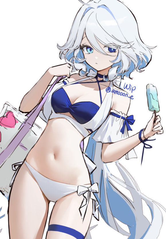 1girl, aamoooon_e, blue_eyes, blue_hair, breasts, cowboy_shot, furina_(genshin_impact), genshin_impact, multicolored_hair, navel, simple_background, solo, swimsuit, two-tone_hair, unfinished, white_background, white_hair